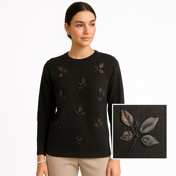 KAREN SCOTT Black Wool Blend Beaded Floral Appliqué Sweater Pullover M - Picture 1 of 12